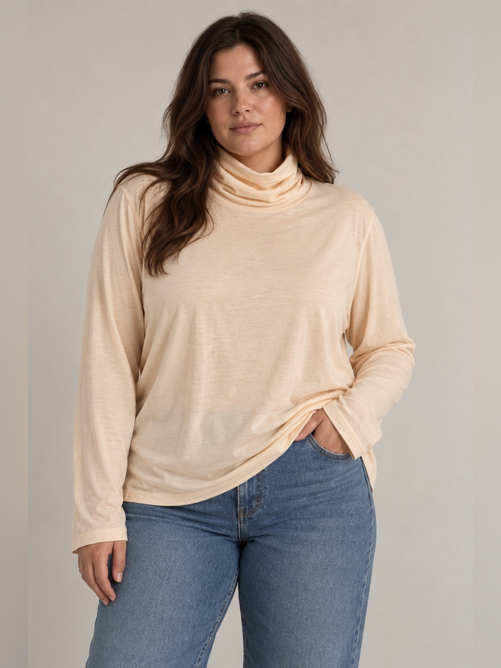 Women’s Long-Sleeve Lightweight Turtleneck Top in Light Beige